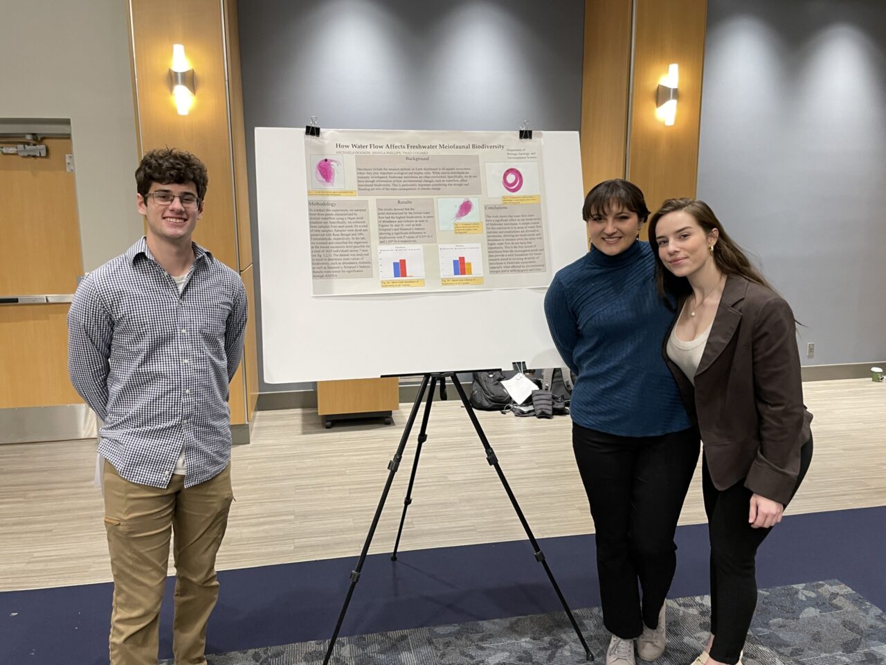 Thad Corvald, from left, Michaela Dodson and Shayla Phillips studied the effects of water flow on the diversity of meiofauna.