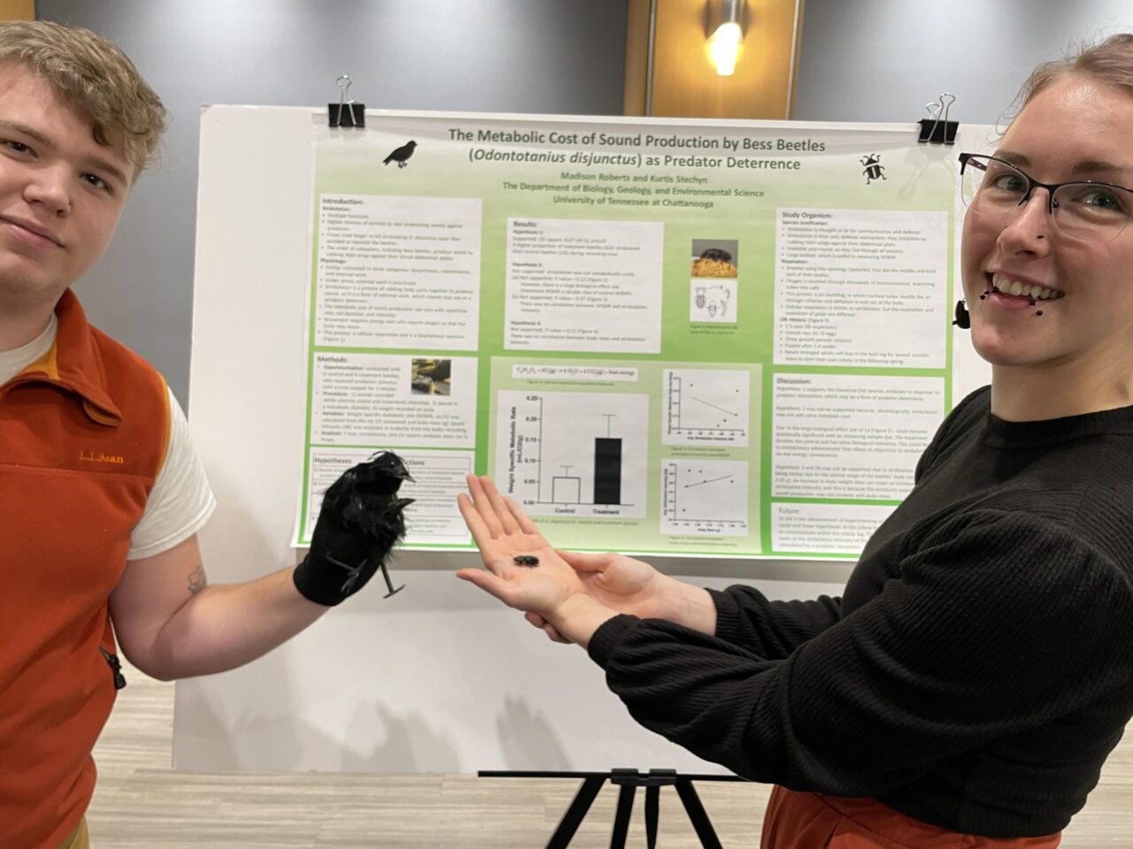 Kurtis Stechyn wears Hanes the crow on his hand and Madison Roberts holds a Bess Beetle, two elements in their animal physiology research project.