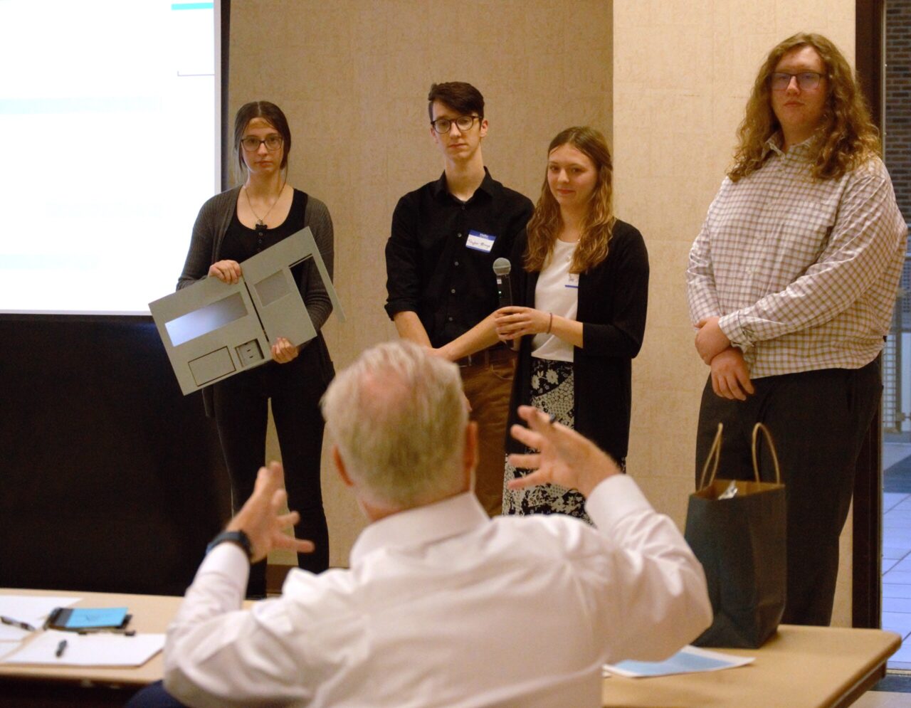 Inventanooga brought 21 teams and more than 70 students from schools in Hamilton, Bradley and Oconee counties to UTC to make presentations in front of a panel of judges. Photo of the STEM School of Chattanooga C.U.B.E. team by Katrina Craven.