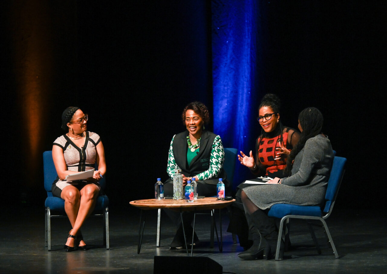 Vice Chancellor for Access and Engagement Stacy Lightfoot, left, Dr. Bernice King, Dr. Ilyasah Shabazz and Student Government Association President Chamyra Teasley participate in UTC MLK Day 2024 on Friday, Jan. 19, at Soldiers and Sailors Memorial Auditorium. Photo by Angela Foster.