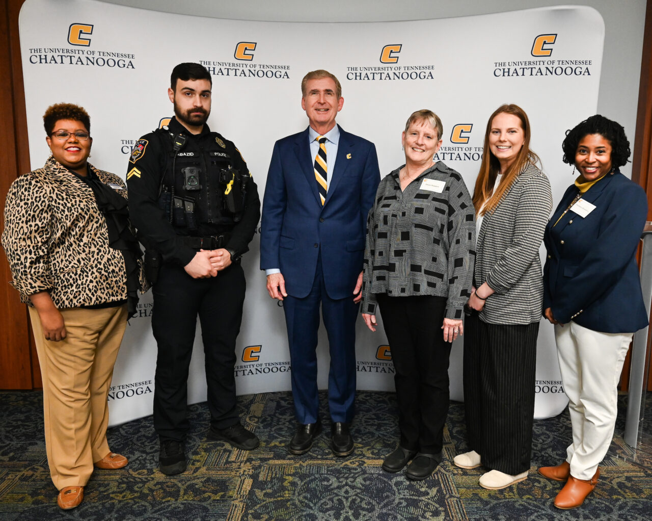 Chancellor’s Blue Ribbon Luncheon, Monday, Jan. 29. From left: Stephanie Orr, Cpl. Gassim Abazid, Chancellor Angle, Shari Kappel, Emma Sampson and Brandalyn Shropshire (photo by Angela Foster).