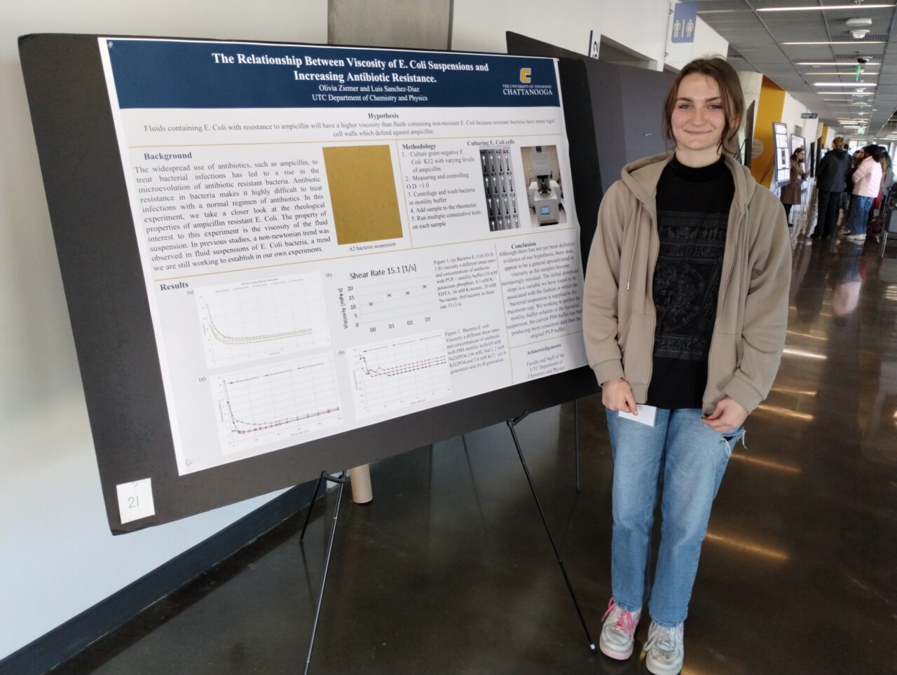 UTC sophomore Olivia Ziemer stands in front of her poster, which received first prize at the recent Conference for Undergraduate Women in Physics at Georgia Institute of Technology. Photo courtesy of Dr. Tatiana Allen.