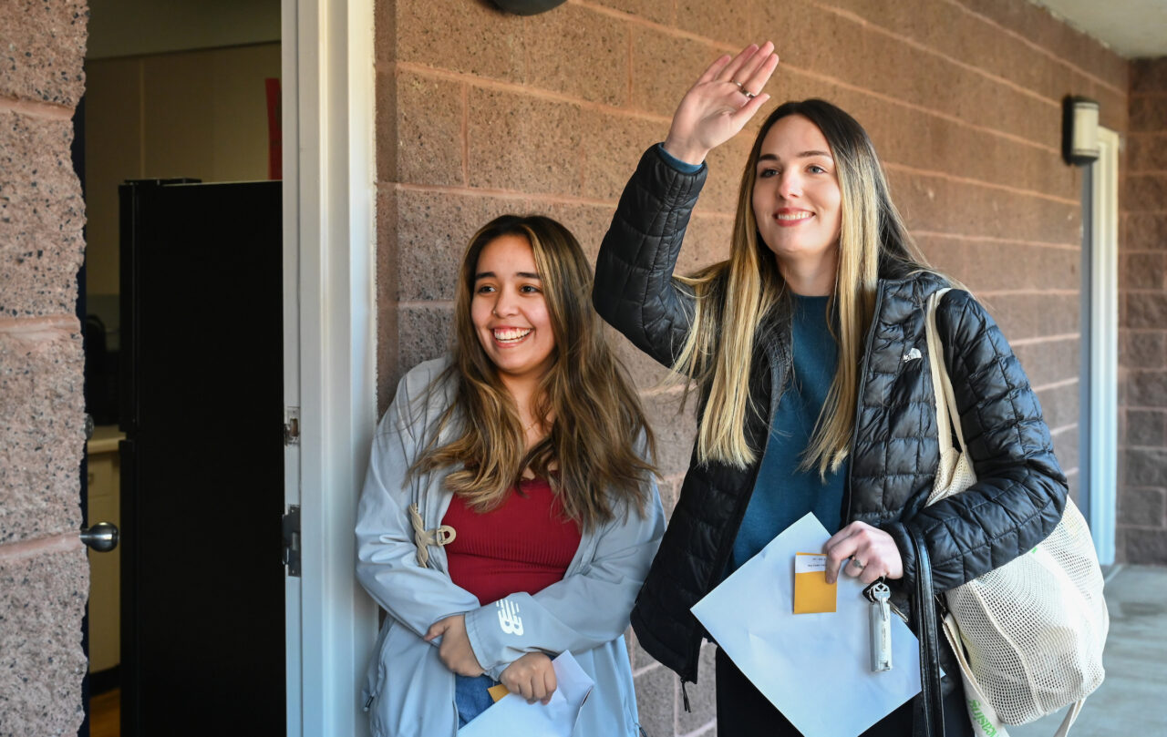 Maria Camargo, light jacket, and Madison Johnson, black jacket, at Johnson O’Bear, Winter/Spring move in, Friday, Jan. 5, 2024