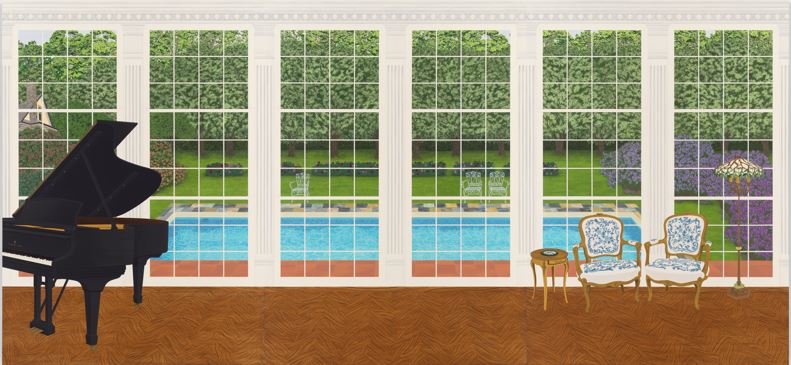 Becky Suss (American, b. 1980), The Dutch House (Observatory), 2023, oil on canvas, triptych: 84 x 60 inches (each panel), 84 x 180 inches (overall). © Becky Suss. Courtesy of the artist and Jack Shainman Gallery, New York.