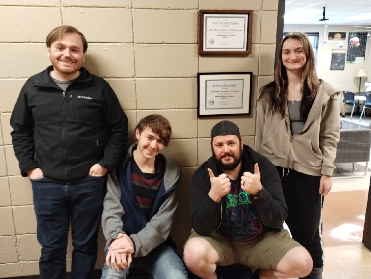 UTC Society of Physics Students chapter officers (from left): Landon Boone, Evan Humberd, Kyle Alfultis and Olivia Ziemer. Photo courtesy of Dr. Tatiana Allen.