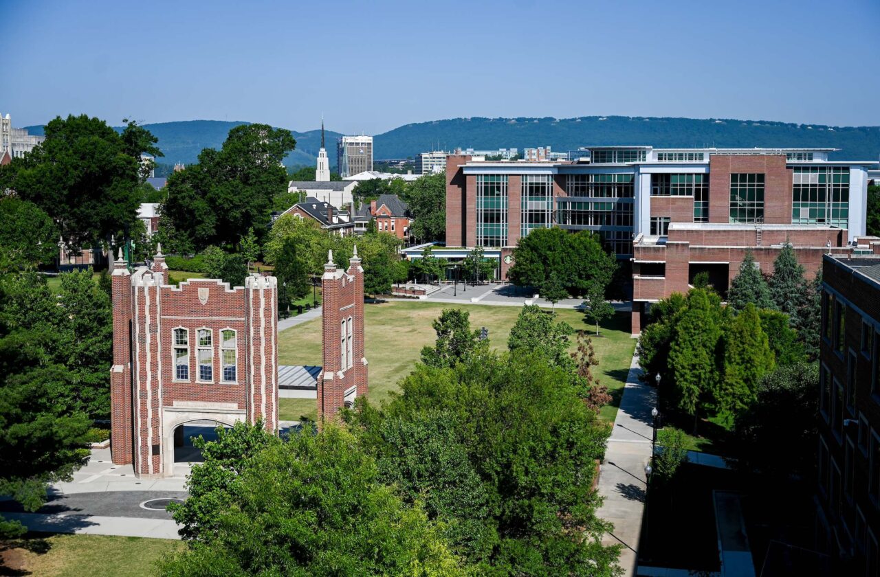 View of campus from top of Lupton Hall overlooking Chamberlain Field and the UTC Library