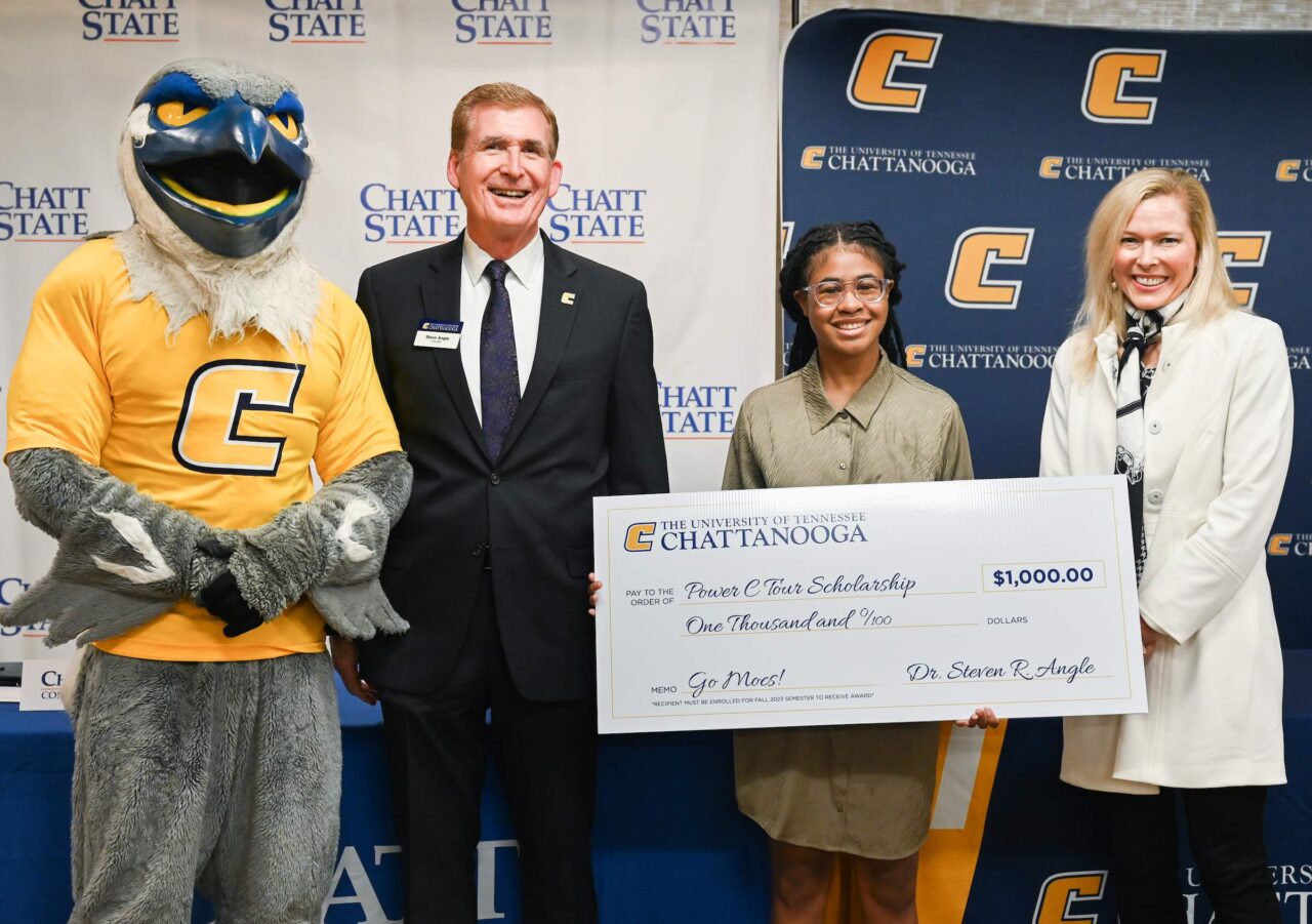 At a Power C Tour event at Chatt State in 2023, Devyn Johnson was presented a $1,000 Power C Scholarship by Scrappy, Chancellor Steven R. Angle and Chattanooga State President Rebecca Ashford.