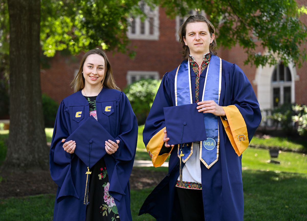 Nina Klimenkova and Arsen Martyshchuk, recipients of UTC Global Response Assistantship scholarships, will be receiving master’s degrees from UTC on Friday, May 3. Photo by Angela Foster.
