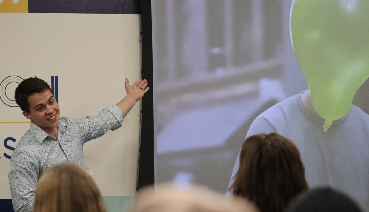 UTC senior Castle Ford makes his pitch at the Fly! Mocs Business Competition. Photo courtesy of Dr. David Witt.