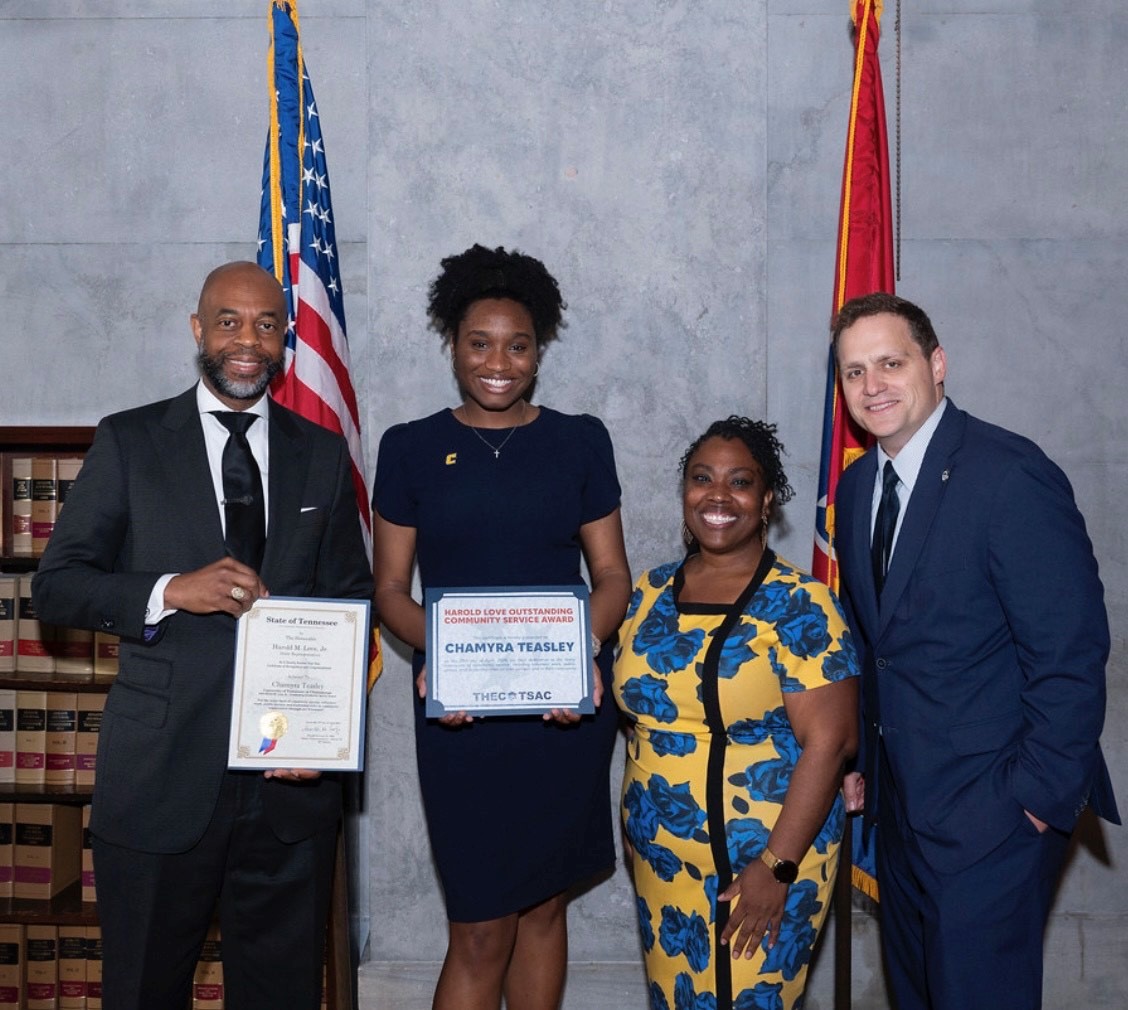 From left: Rep. Harold Love Jr., Chamyra Teasley, Tennessee Higher Education Commission Director of HBCU Success Brittany Mosby and THEC Executive Director Steven Gentile at the annual Harold Love Outstanding Community Service Award ceremony on Monday, April 29, at the State Capitol. Photo credit: Tennessee Photographic Services.