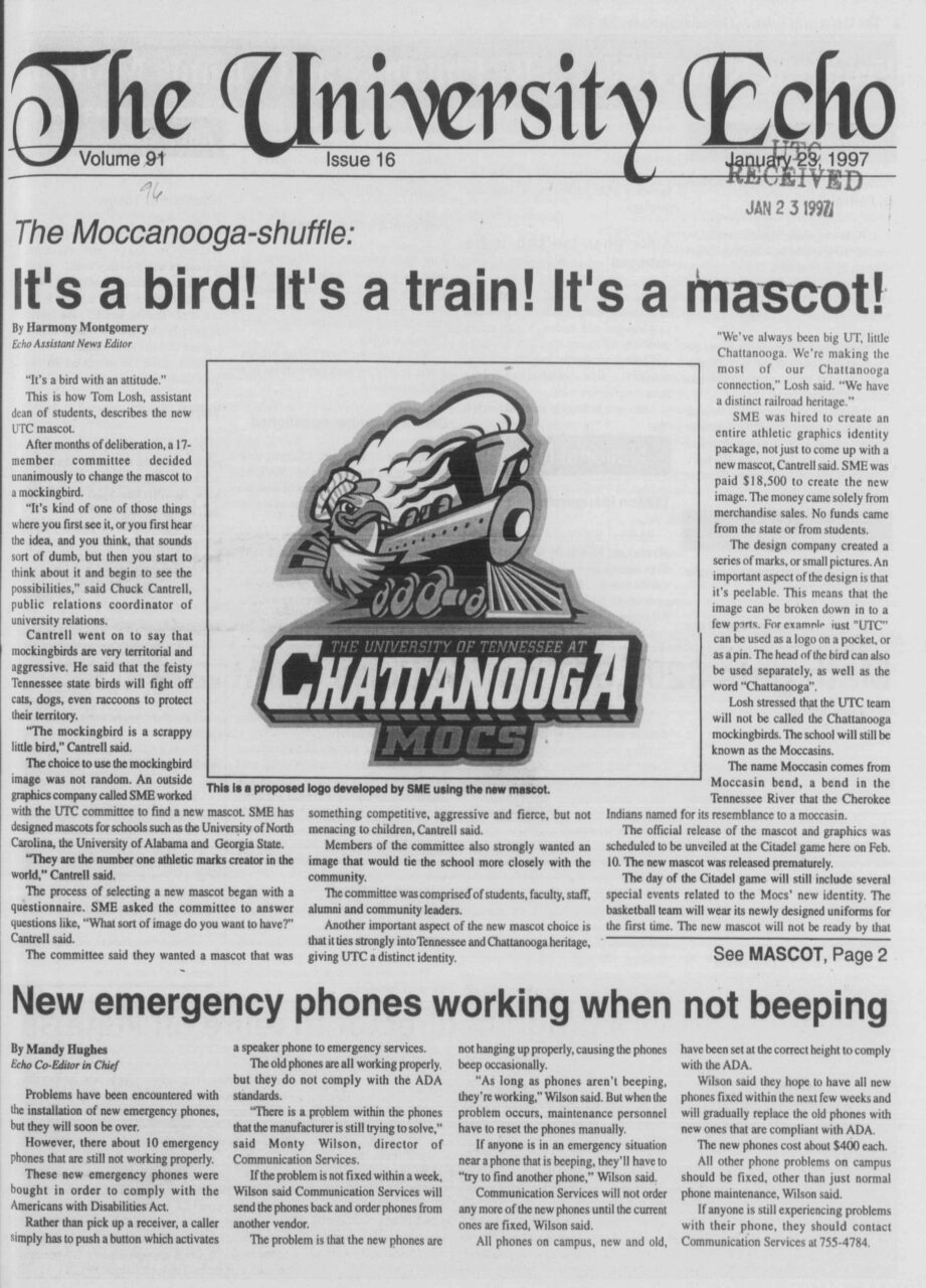 Scrappy’s debut in the University Echo. Harmony Montgomery, “The Moccanooga-shuffle: It’s a Bird! It’s a train! It’s a mascot!” University Echo, 1997 January 23. Courtesy of the University of Tennessee at Chattanooga Special Collections.
