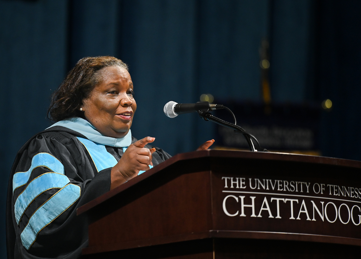 Students participate in the Graduate school commencement ceremony, Friday, May 3, 2024 in McKenzie Arena at the University of Tennessee at Chattanooga.