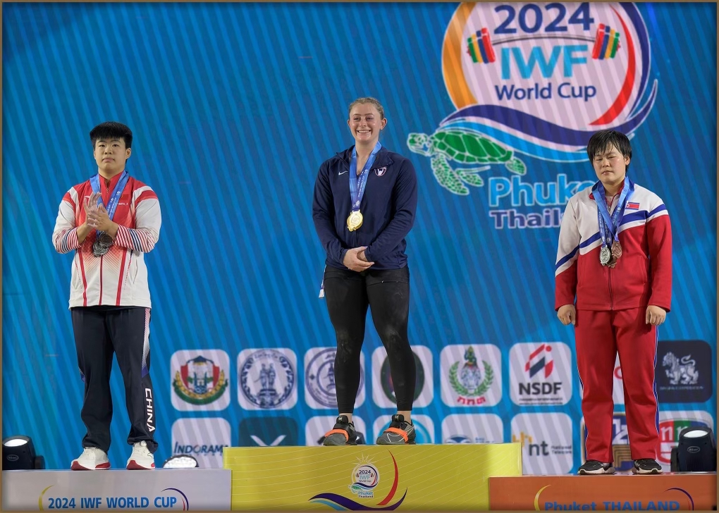 Olivia Reeves takes the gold medal at the 2024 IWF World Cup in Phuket, Thailand. Photo by Steve Fauer.