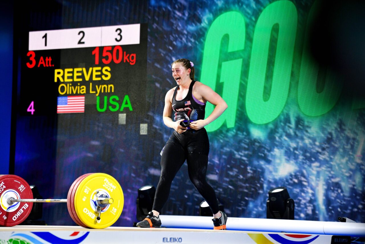 Olivia Reeves completes a 150kg clean and jerk lift at the 2024 IWF World Cup in Phuket, Thailand. Photo by USA Weightlifting. 