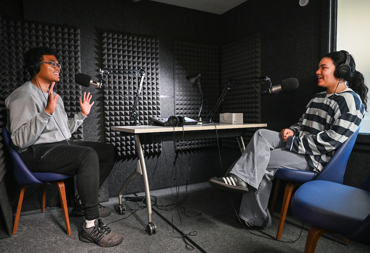 William Bumcum, left, and Maggie Leslie sit in the UTC PodLab for their "Tennessee Valley Crossroads" conversation. Photo by Angela Foster.