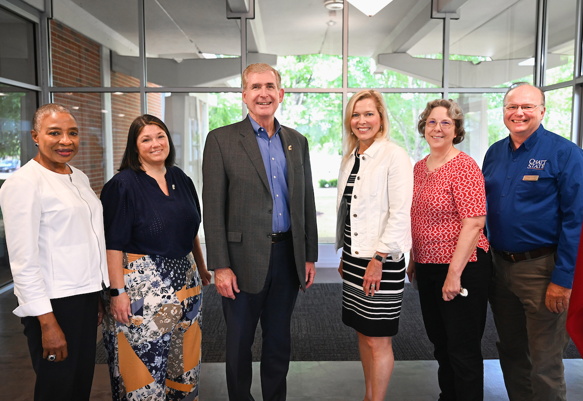 From left: Chattanooga State Associate Vice President for Academic Affairs Mosunmola George-Taylor; Biology, Geology and Environmental Science Department Head Gretchen Potts; UTC Chancellor Steven R. Angle; ChattState President Rebecca Ashford; ChattState Sciences Department Head Bobbie Meyer; and ChattState Environmental Science Professor Richard Clements.