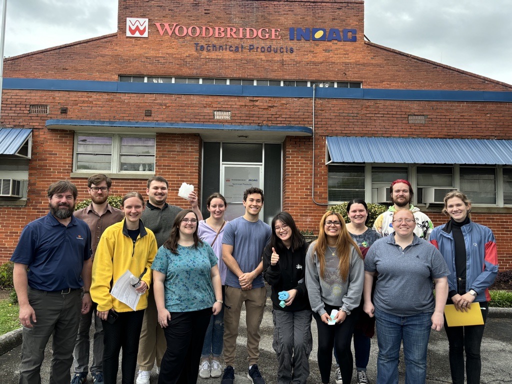 The polymer chemistry class preparing to tour Woodbridge’s Chattanooga location. Carlisle Glover is front row left and Kaitlyn Cathers is front row right. The student holding up the white block, Ethan Eakins, is holding a polyurethane foam sample made in production on the day of the tour.