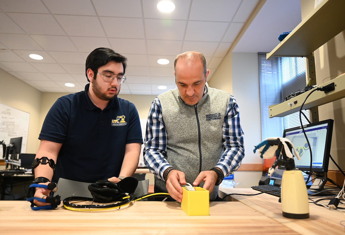 Juan Pena and Erkan Kaplanoglu talk Tuesday, April 2, 2024 about a project that they are working on.