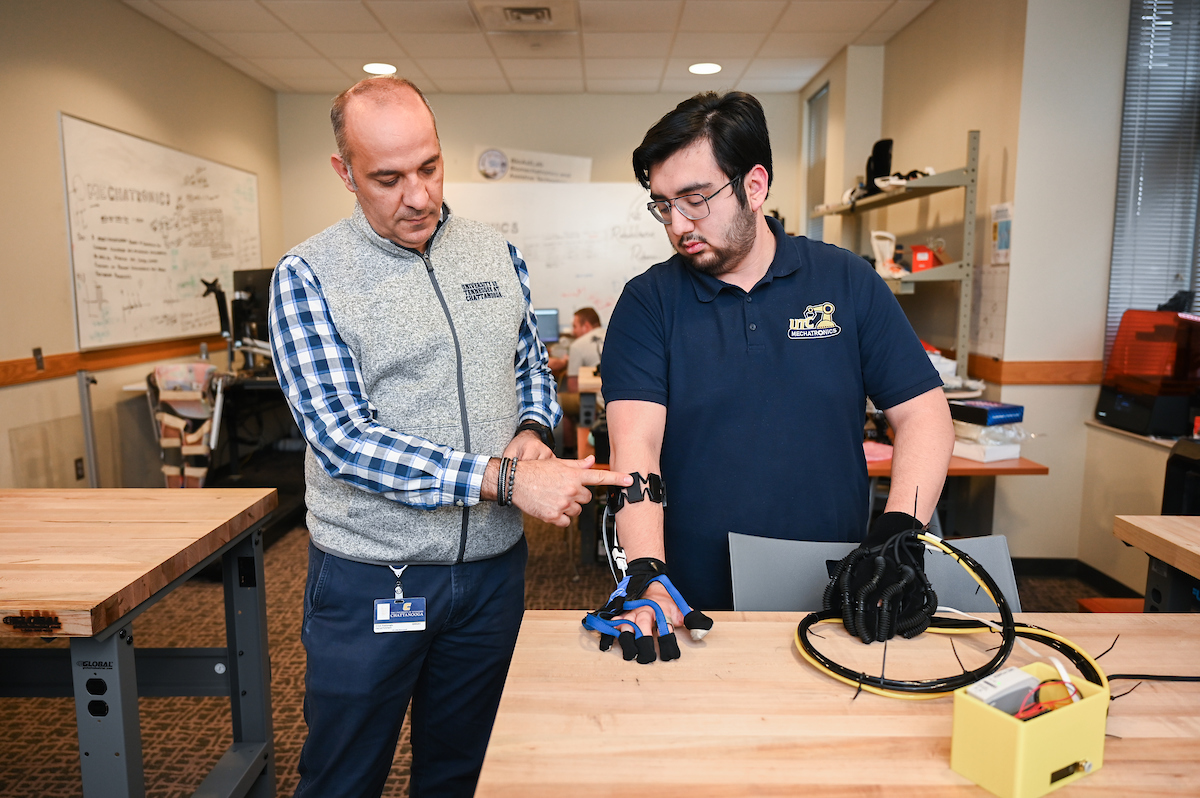 Juan Pena and Erkan Kaplanoglu talk Tuesday, April 2, 2024 about a project that they are working on.