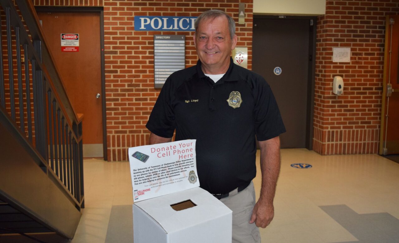Sgt. Ken Lloyd has been working with 911 Cell Phone Bank to collect old electronic devices since joining the UTC Police Department in 2021. Photo by Marion Perkins.