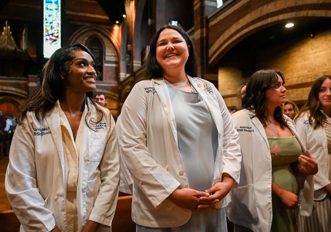 The first cohort of the UTC ABSN program, including (from left) Taniya Nichols, Katelyn Nash and Addison Holt, attended a pinning ceremony at St. Paul’s Episcopal Church. Photo by Angela Foster.