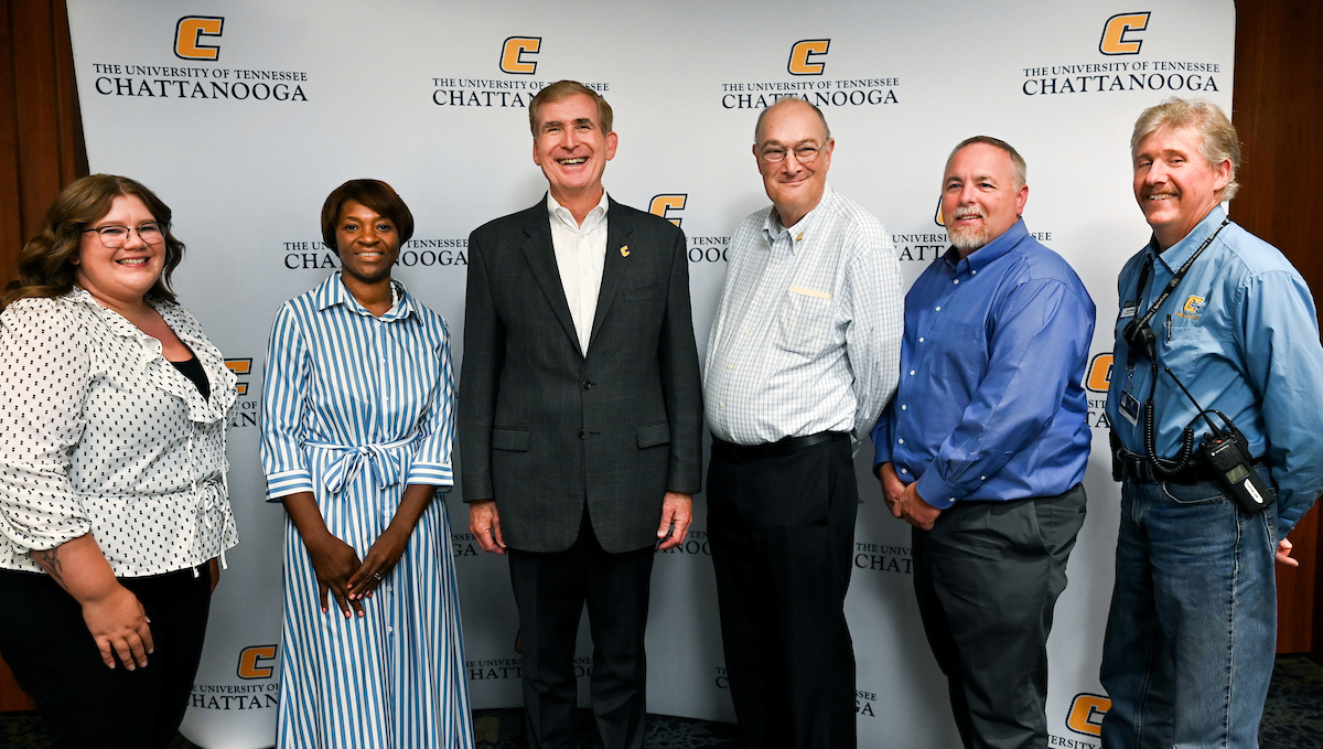 Chancellor's Blue Ribbon Luncheon, Tuesday, Aug. 27. From left: Lauren Ouwerkerk, Francine King, Chancellor Angle, Jack Pitkin, Chris Turner and Joel Wands