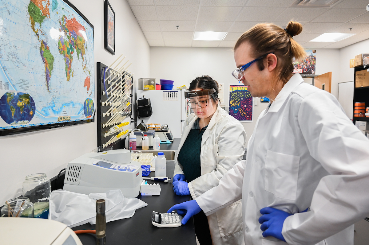Dr. David Giles, right, works with UTC student Meredith Grant.