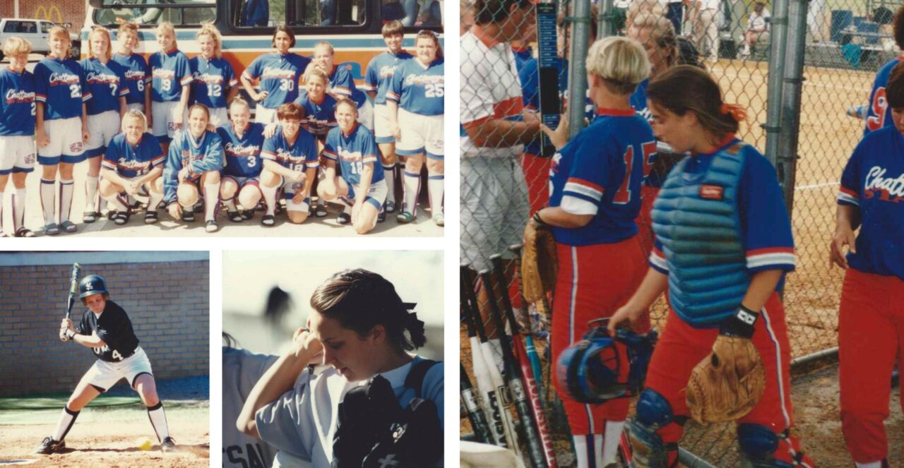 Kim Wingate played softball collegiately at Chattanooga State (blue and orange uniform) and Kennesaw State. In the ChattState team photo, she is in the bottom row, second from left (photos courtesy of Kim Wingate).