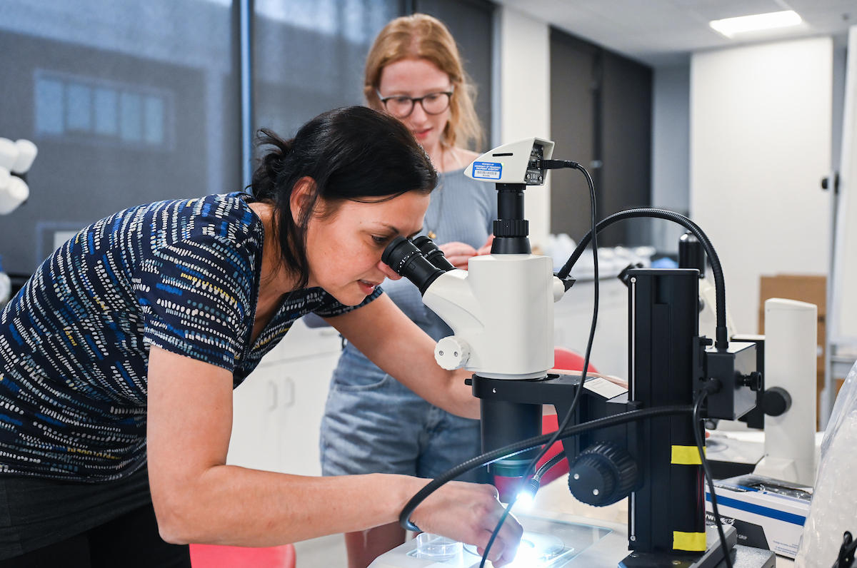 Dr. Francesca Leasi, left, works with students in her Holt Hall lab.