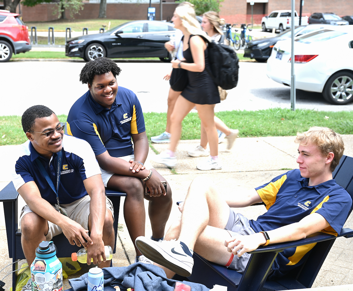 Housing and Residence Life employees sit, Monday, Aug. 12, 2024 outside of Lockmiller.