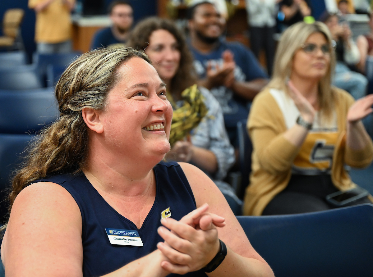 Staff, faculty and students gather Friday, Aug. 9, 2024 in the University Center to watch student Olivia Reeves compete for gold in the Olympics snatch and clean and jerk weightlifting event.