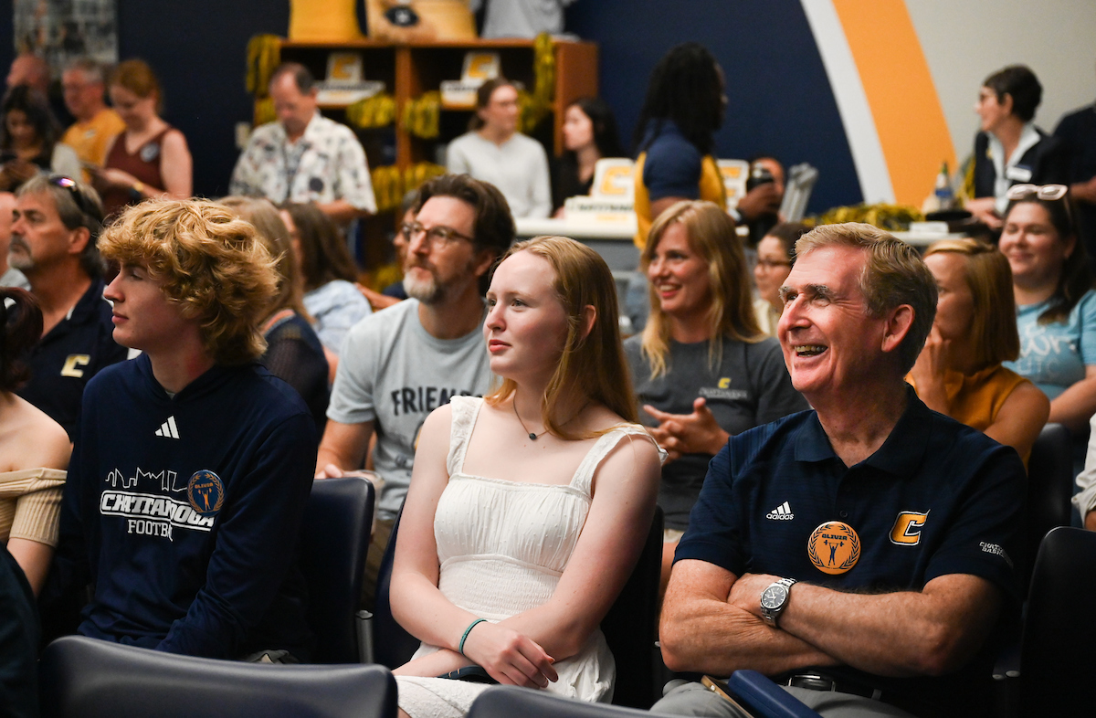 Staff, faculty and students gather Friday, Aug. 9, 2024 in the University Center to watch student Olivia Reeves compete for gold in the Olympics snatch and clean and jerk weightlifting event.