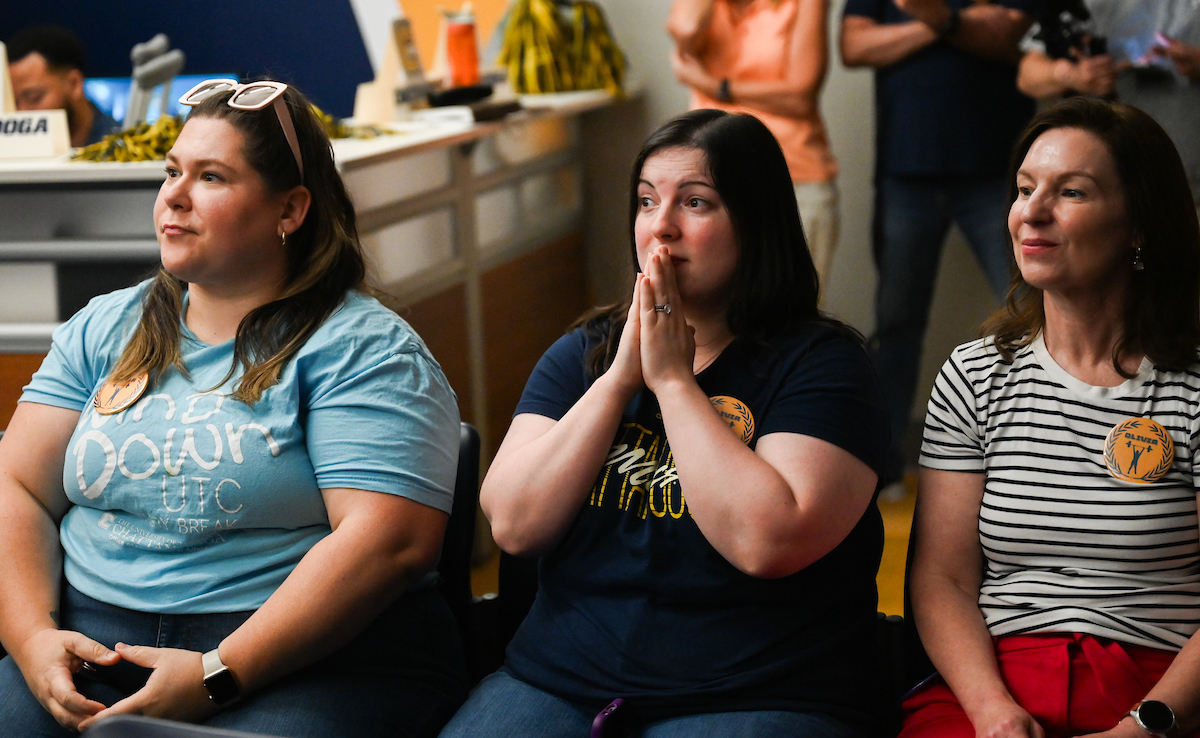 Staff, faculty and students gather Friday, Aug. 9, 2024 in the University Center to watch student Olivia Reeves compete for gold in the Olympics snatch and clean and jerk weightlifting event.