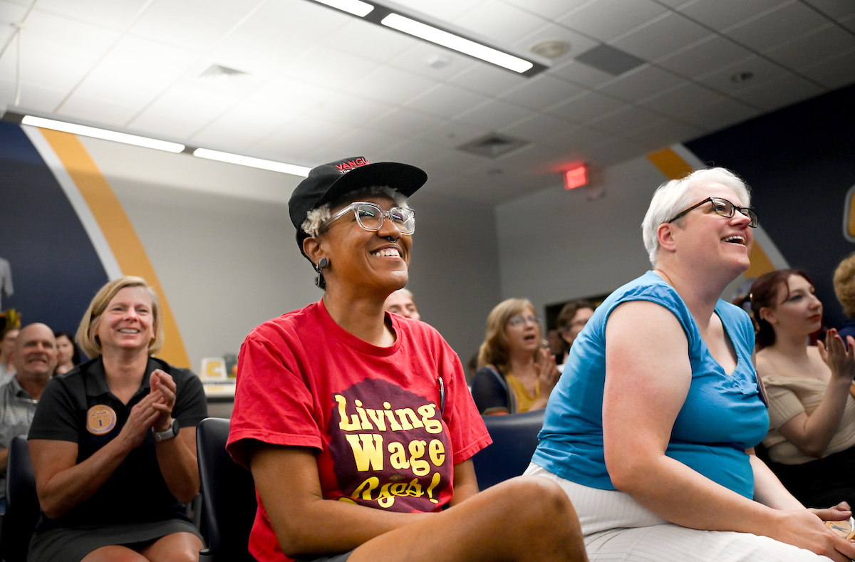 Staff, faculty and students gather Friday, Aug. 9, 2024 in the University Center to watch student Olivia Reeves compete for gold in the Olympics snatch and clean and jerk weightlifting event.