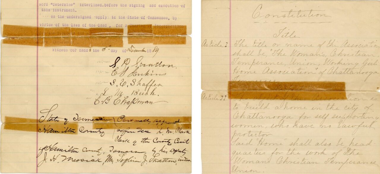 Two images from 1889: signatures from the original Charter of Incorporation, left, and the first page from the handwritten constitution for the WCTU of Chattanooga. Photos courtesy of University of Tennessee at Chattanooga Special Collections.