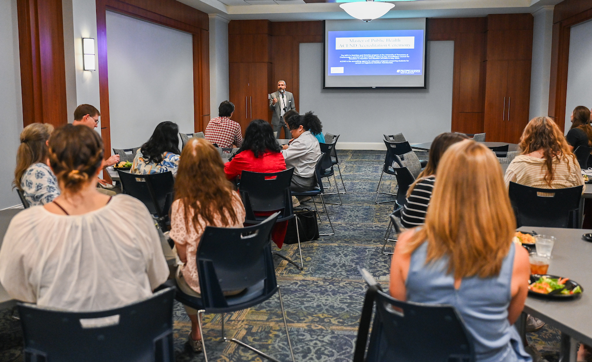 People gather for a ceremony to mark the Masters of Public Health program receiving accreditation Wednesday, Sept. 4, 2024 in the University Center.