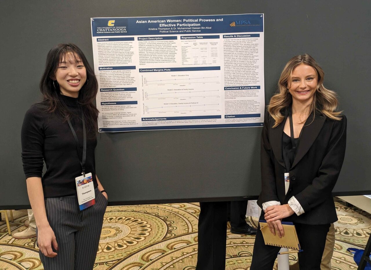 Kristina Thompson, left, and Sophia Chrisco, at the Midwest Political Science Association Conference in Chicago. Photo courtesy of Dr. Hassan Afzal.