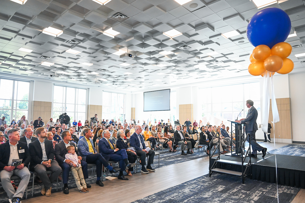 Chancellor Steven R. Angle delivers his annual State of the University address Sept. 16 in the Wolford Family Athletic Center. Photo by Angela Foster.