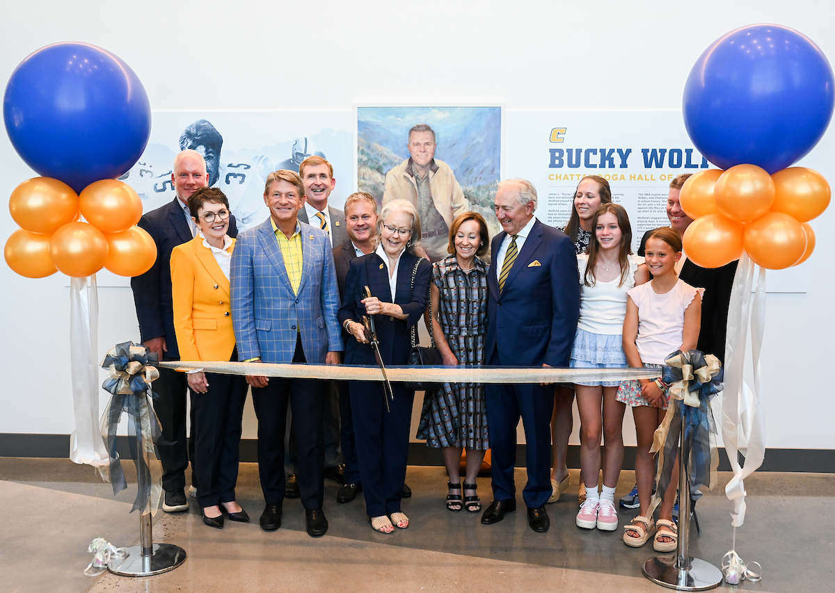 Wolford Family Athletic Center ribbon-cutting ceremony (from left): Mark Wharton, Kim White, Randy Boyd, Steven Angle, Clint Wolford, Diane Wolford, Eileen Thornton, John “Thunder” Thornton, Lindsay Wolford, Madison Wolford, Lillian Wolford and Chad Wolford.