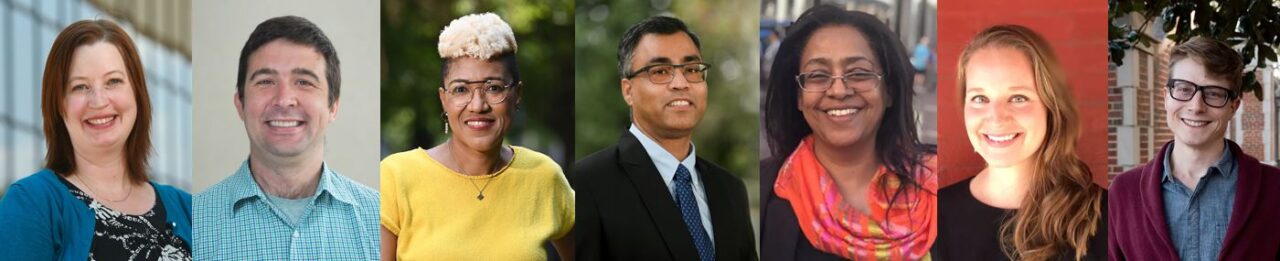 UC Foundation Professors (from left) Karen Babine, Jared Pienkos, Chandra Ward, Prashant Srivastava, Raga Ahmed, Marissa McElrone, Noah Lasley