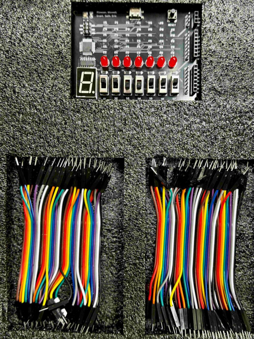 The DigiLab One logic board (above), alongside two sets of wiring included with the product. Rizwaan Abdulkadir researched and found suppliers and manufacturers (in China) to source these items, including the packaging enclosing them. Abdulkadir arranged for the assembly and shipping of complete kits from China to the U.S. 