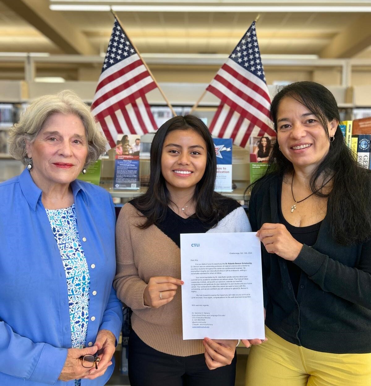 Ann Cater, left, and Dr. Veronica Herrera, right, recently presented Arly Perez-Morales with the Dr. Roberto S. Benson Cultural Value Leadership Scholarship (photo courtesy of Dr. Veronica Herrera).