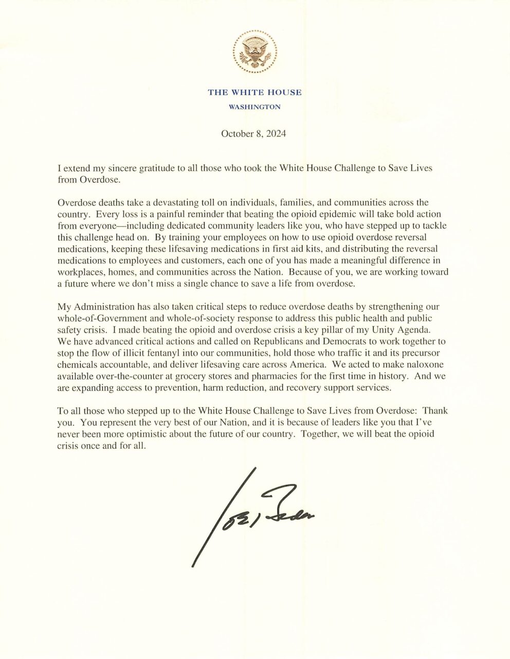 Congratulatory letter from President Joe Biden