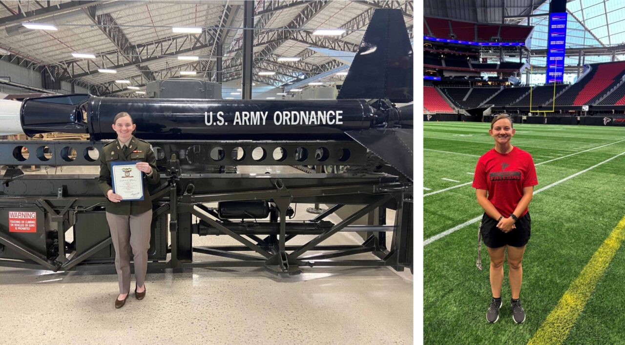 Erin Lunt at Fort Gregg-Adams, Virginia (left) and at Atlanta Falcons summer 2024 training camp. Photos courtesy of Erin Lunt.