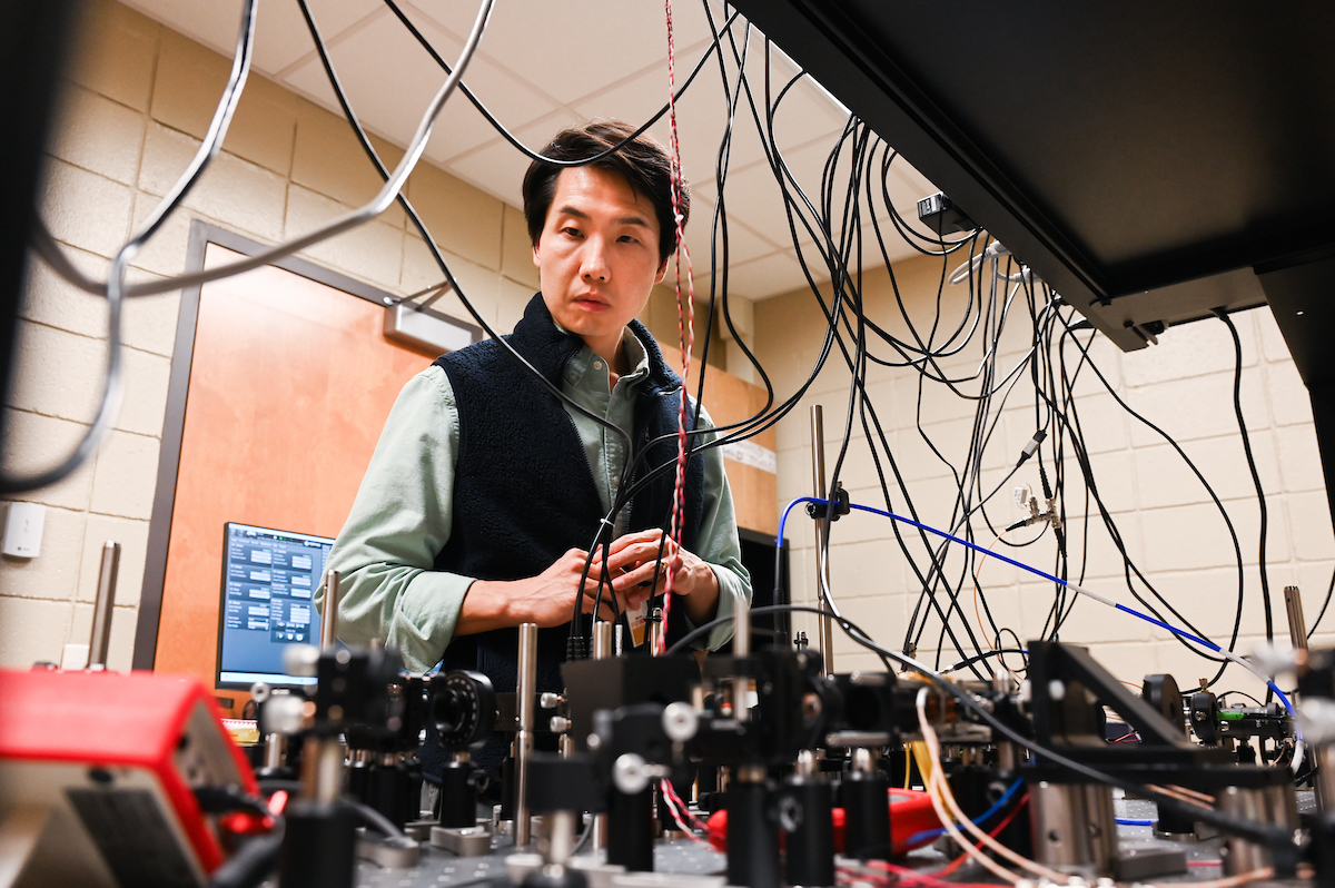 Dr. Tian Li, who joined the UTC faculty in August 2022, works in the Quantum Physics lab. Photo by Angela Foster.