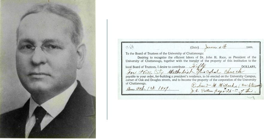 Left: John H. Race, University of Chattanooga president, 1897-1913; after his presidency, Race remained active in University governance until he died in 1954. Right: Hill City Methodist Episcopal Church pledge card, 1909. Courtesy of the University of Tennessee at Chattanooga Special Collections.
