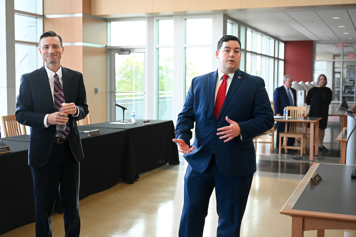 Attorneys William Gill, left, and Ronald Coleman answered questions from UTC students following the completion of their appeals case.