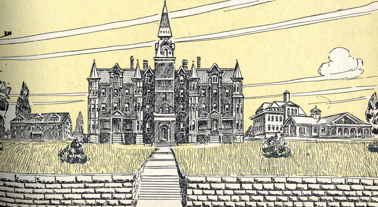 Along with Old Main (center), the Chattanooga Medical College building (right background), and a gymnasium (right foreground), the Development House (left) was one of the original University structures—predating Founders and Race-Hooper Halls by several years. Campus illustration, Moccasin yearbook, 1915, page 120. Courtesy of the University of Tennessee at Chattanooga Special Collections.