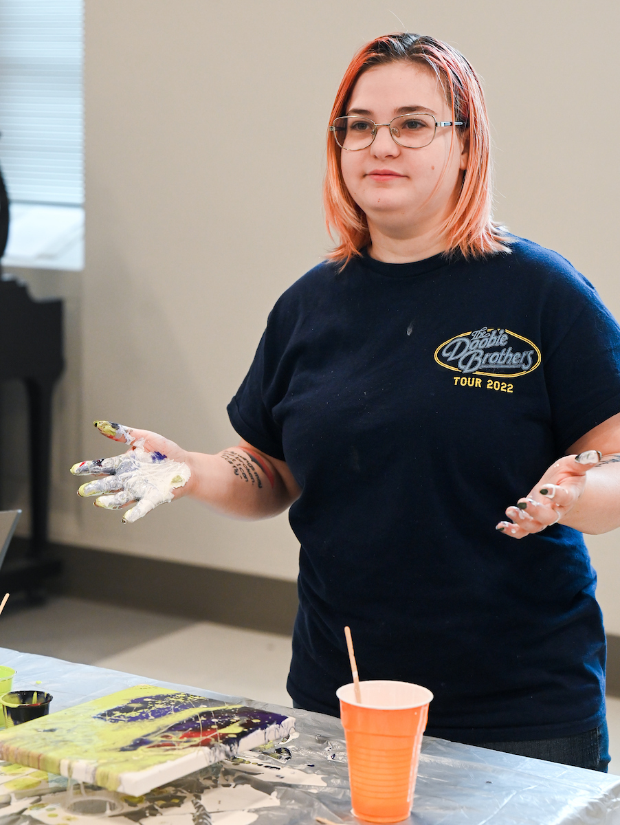Students in Katelyn Hancock’s Ethics in Criminal Justice class participates in a paint pouring project Tuesday, Nov. 5, 2024 in 541 McCalllie.