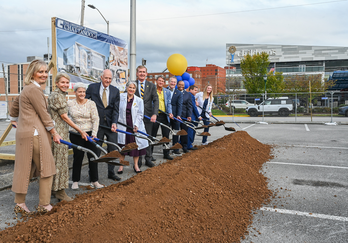 Groundbreaking for the Dorothy and Jim Kennedy Health Sciences Building took place on Nov. 4, 2024. From left: Rep. Patsy Hazlewood, Elizabeth Kennedy Spratlin, Molly Kennedy, Jim Kennedy III, Dr. Chris Smith, Chancellor Steven R. Angle, UT System President Randy Boyd, Sen. Bo Watson, Rep. Yusuf Hakeem, U.S. Rep. Chuck Fleischmann, and UTC Student Nurses Association President Olivia Walls.